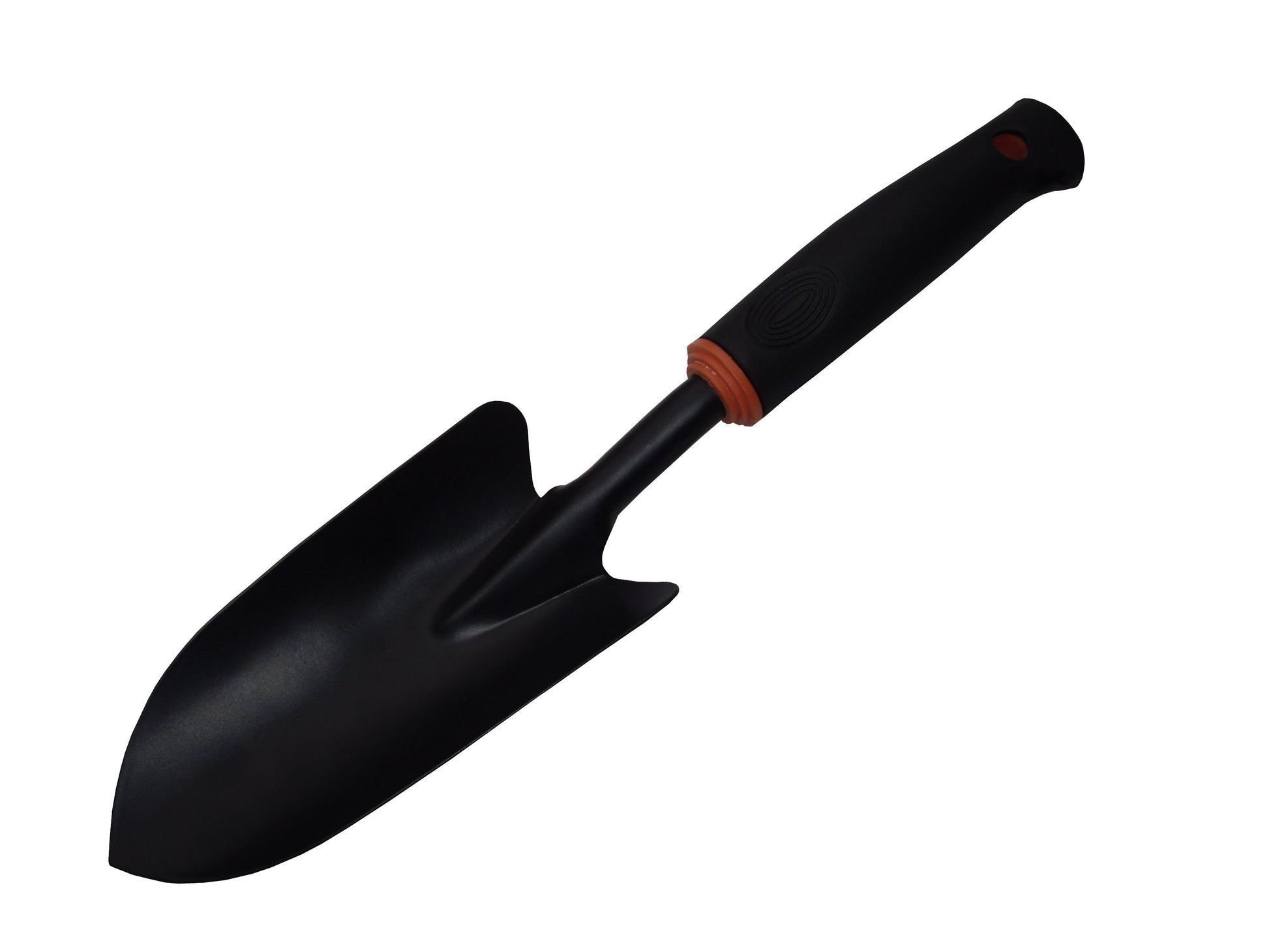 Wide Spade DE LUXE Gartenspaten seitlich, schwarze Schaufel und Stiel mit orangefarbenem Griffband.