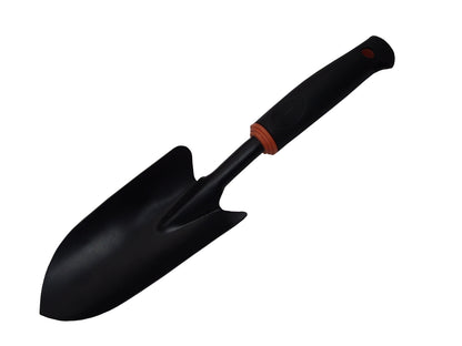 Wide Spade DE LUXE Gartenspaten seitlich, schwarze Schaufel und Stiel mit orangefarbenem Griffband.