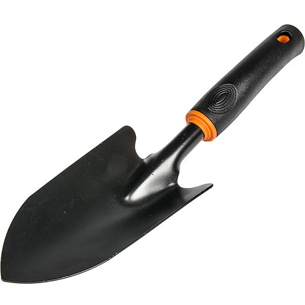 Wide spade garden tool with black blade and orange-ring grip on black handle