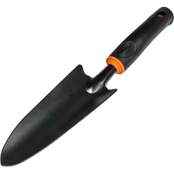 Narrow garden spade with black blade, black handle, and orange grip band