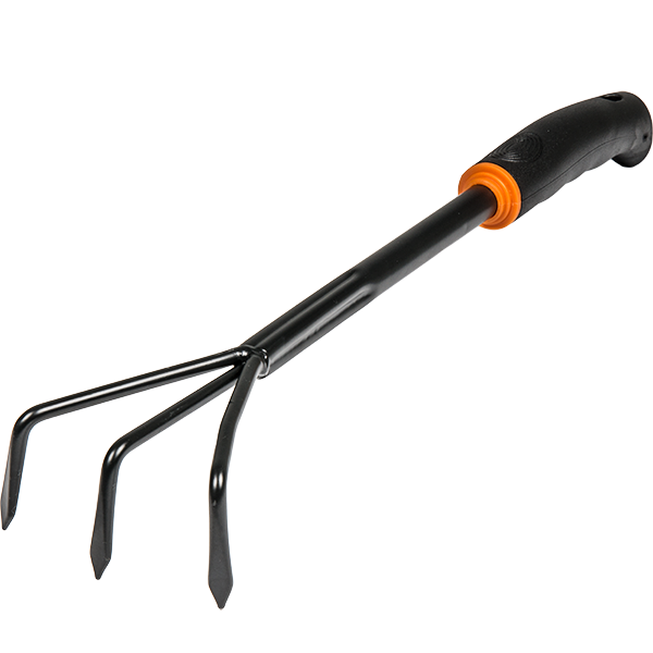 Cultivator garden tool with three tines, black handle and orange collar