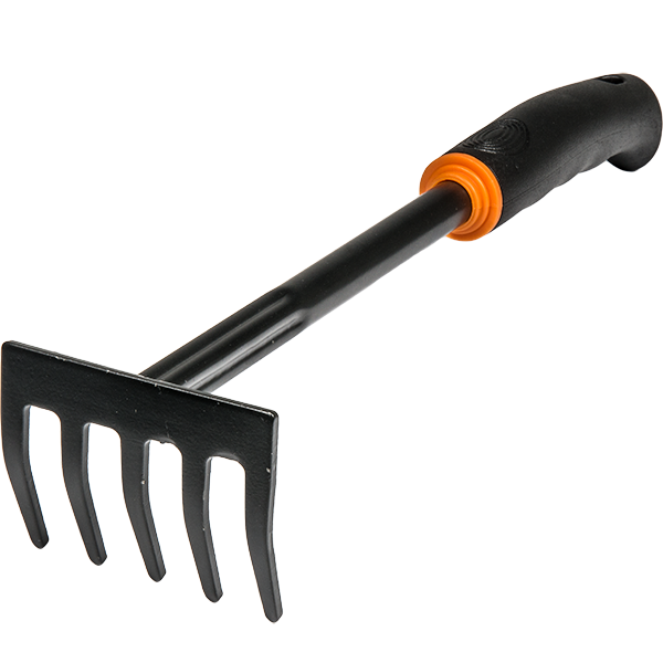 Garden rake with 5 tines, black handle and orange grip collar