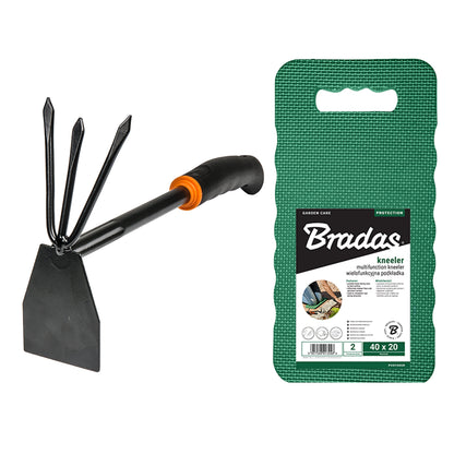 Digger hoe and green multifunction kneeler mat, with orange grip and three tines