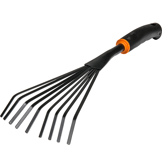 9-Zinken Gartenrechen „DE LUXE“ mit schwarzem Griff und orangefarbenem Ring