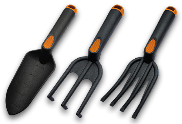 Garden tool set (3): spade, hand fork, 4-tine cultivator rake with orange end caps
