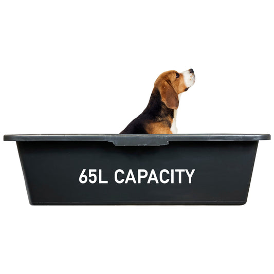 Dog bath tub, 65L capacity, with built-in rim for a tap and a dog sitting inside