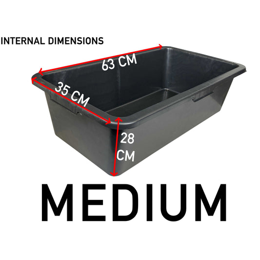 Mixing tub: internal size 63 x 35 x 28 cm, dark plastic trough