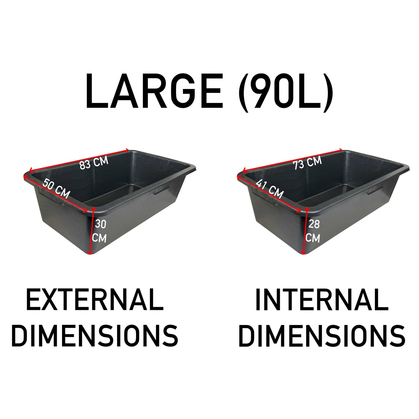 Mixing Tub 90L size diagram with external and internal dimension labels