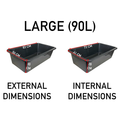 Mixing Tub 90L size diagram with external and internal dimension labels