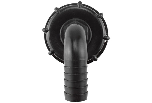 IBC 2in S60x6 cap with 16mm barbed elbow, black plastic outlet