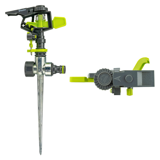 Lime pulsating sprinkler on spike with adjustable spray head and side handle