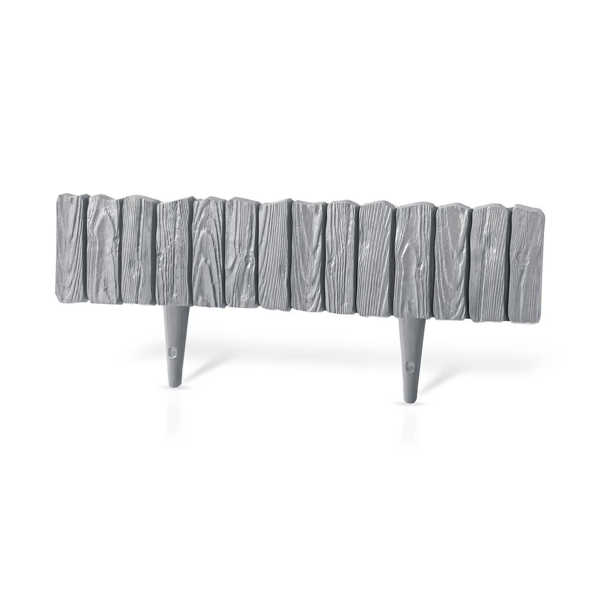 Gray plastic lawn edging strip with wood-effect finish and two support stakes