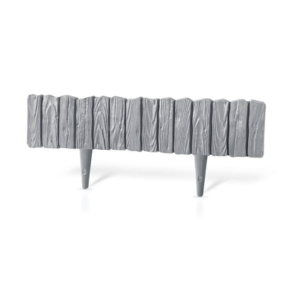 Gray plastic lawn edging strip with wood-effect finish and two support stakes