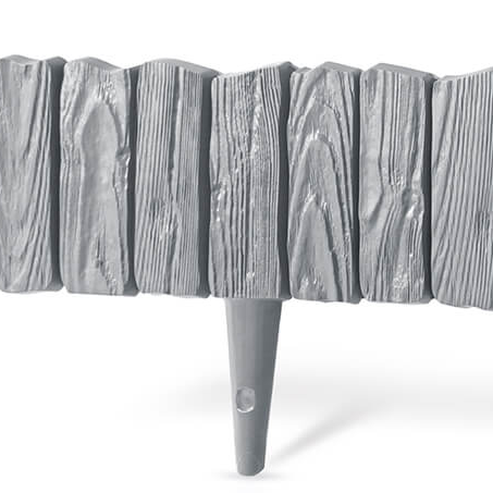 Gray plastic lawn edging with wood-effect panels and pointed stakes