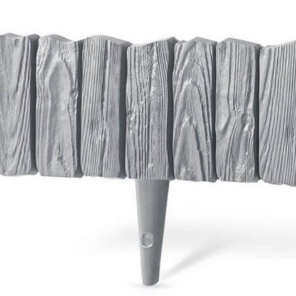 Gray plastic lawn edging with wood-effect panels and pointed stakes