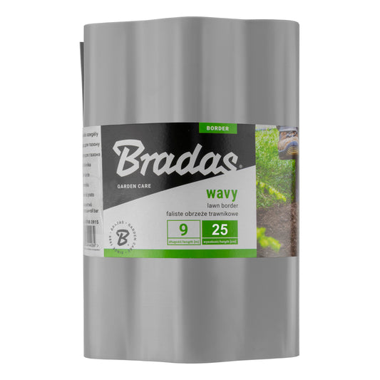 Wavy plastic lawn edging roll, light gray, with product label and wavy border design