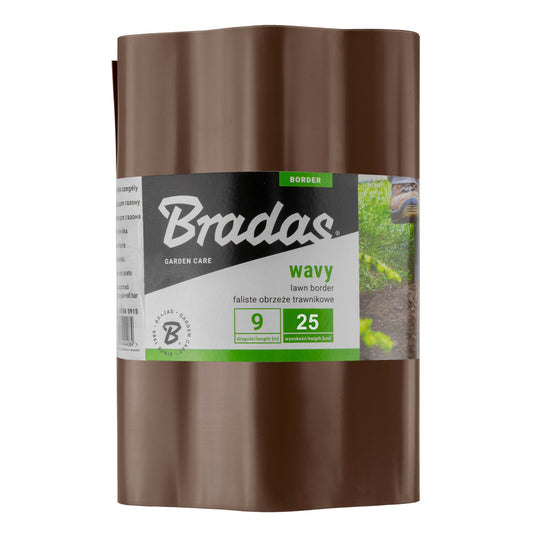 Brown wavy plastic lawn edging roll, 25 cm high, 9 m long