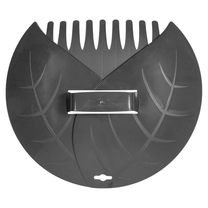 Dark gray leaf scoop underside view with tall tines and central handle bar