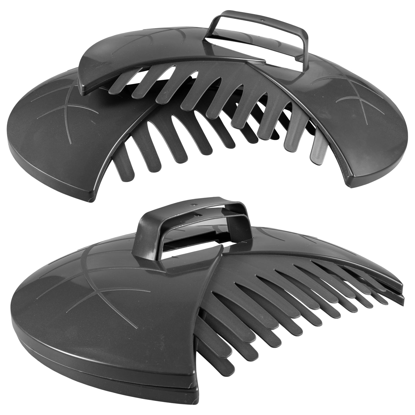 Dark gray leaf scoop with wide raking tines and carry handle