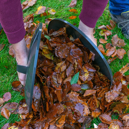 Dark gray leaf scoop in use, held by person while collecting fallen leaves