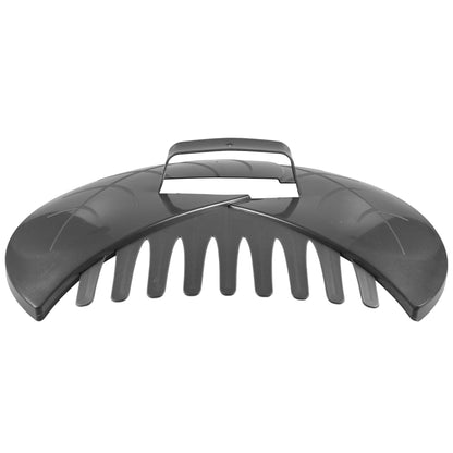 Dark gray leaf scoop front view with curved guard and tine rake slots