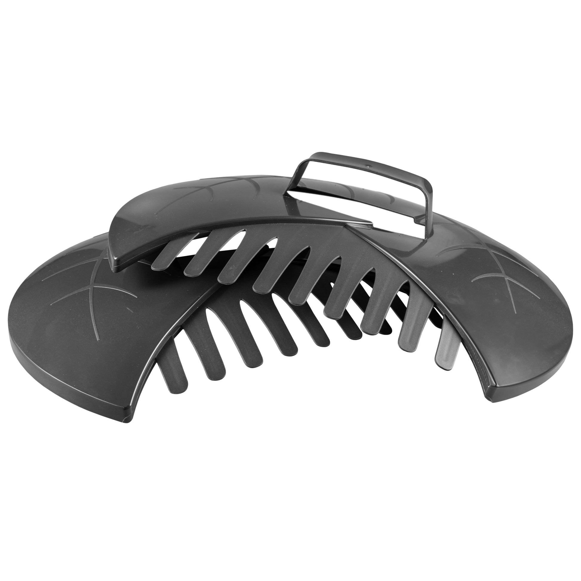 Dark gray leaf scoop with multiple tine rows and arched carry handle