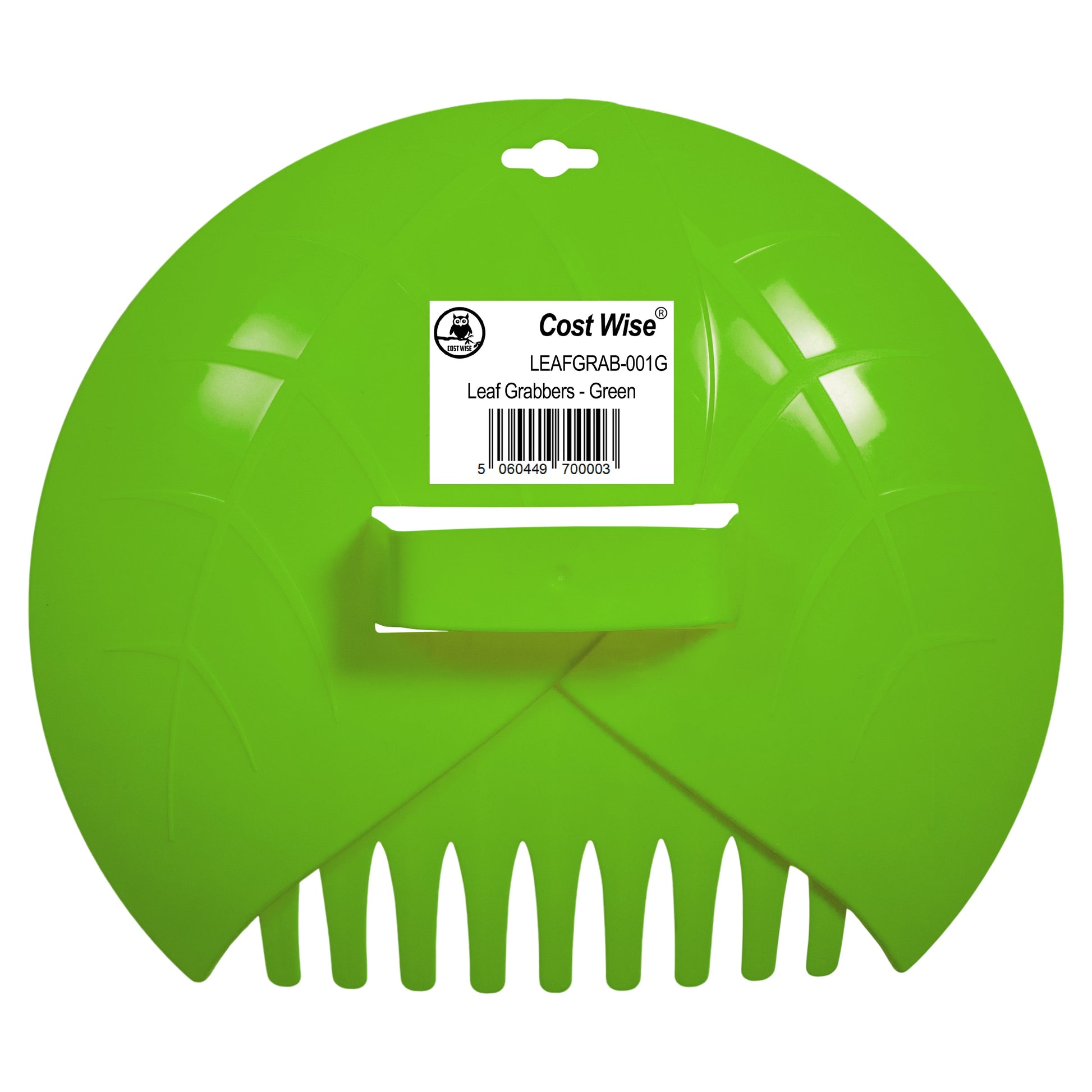 Leaf Grab scoop in green, front view with label and row of rake tines
