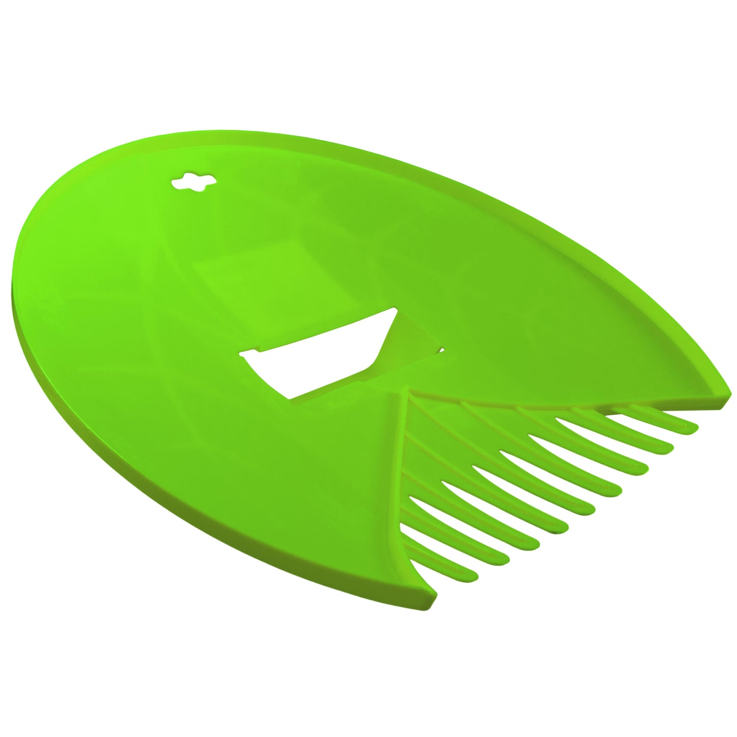 Green leaf grab scoop, angled view showing slotted teeth and center cut-out