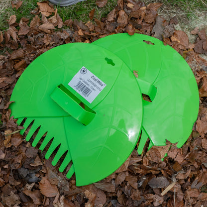 Leaf grab scoops in green, round leaf-cleaning tool with slotted rake teeth