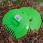 Leaf grab scoops in green, round leaf-cleaning tool with slotted rake teeth