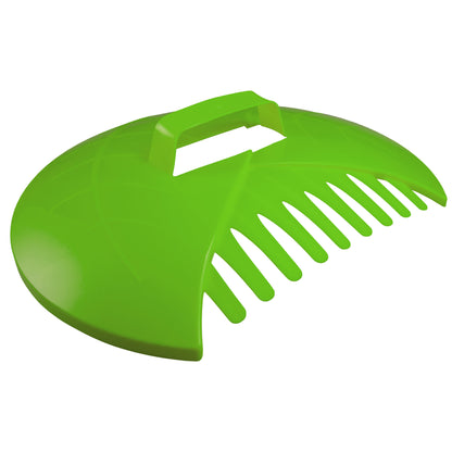Green leaf grab scoop, side view showing rake teeth and top handle