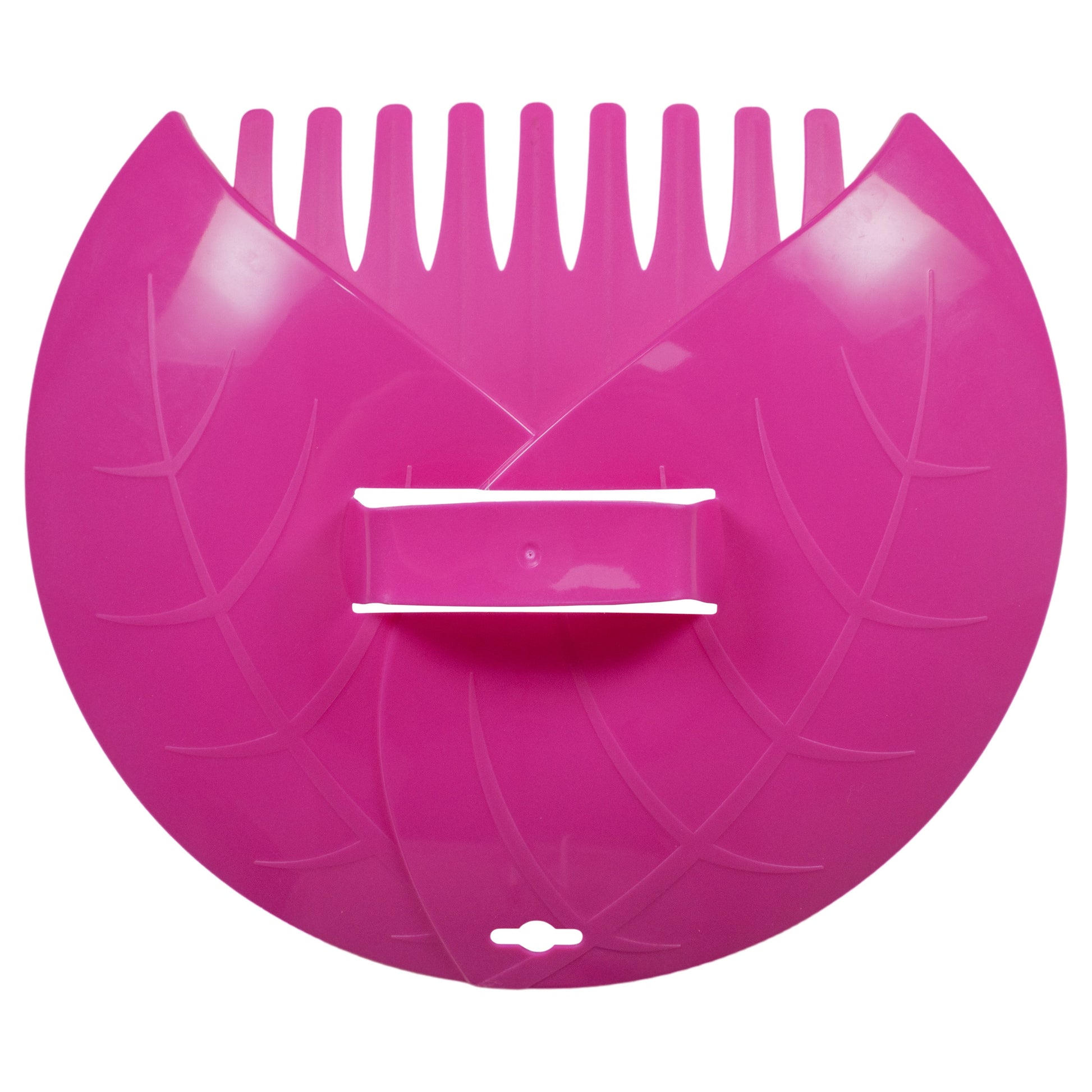 Pink leaf grab garden scoop with comb-like rake tines and center grip bar