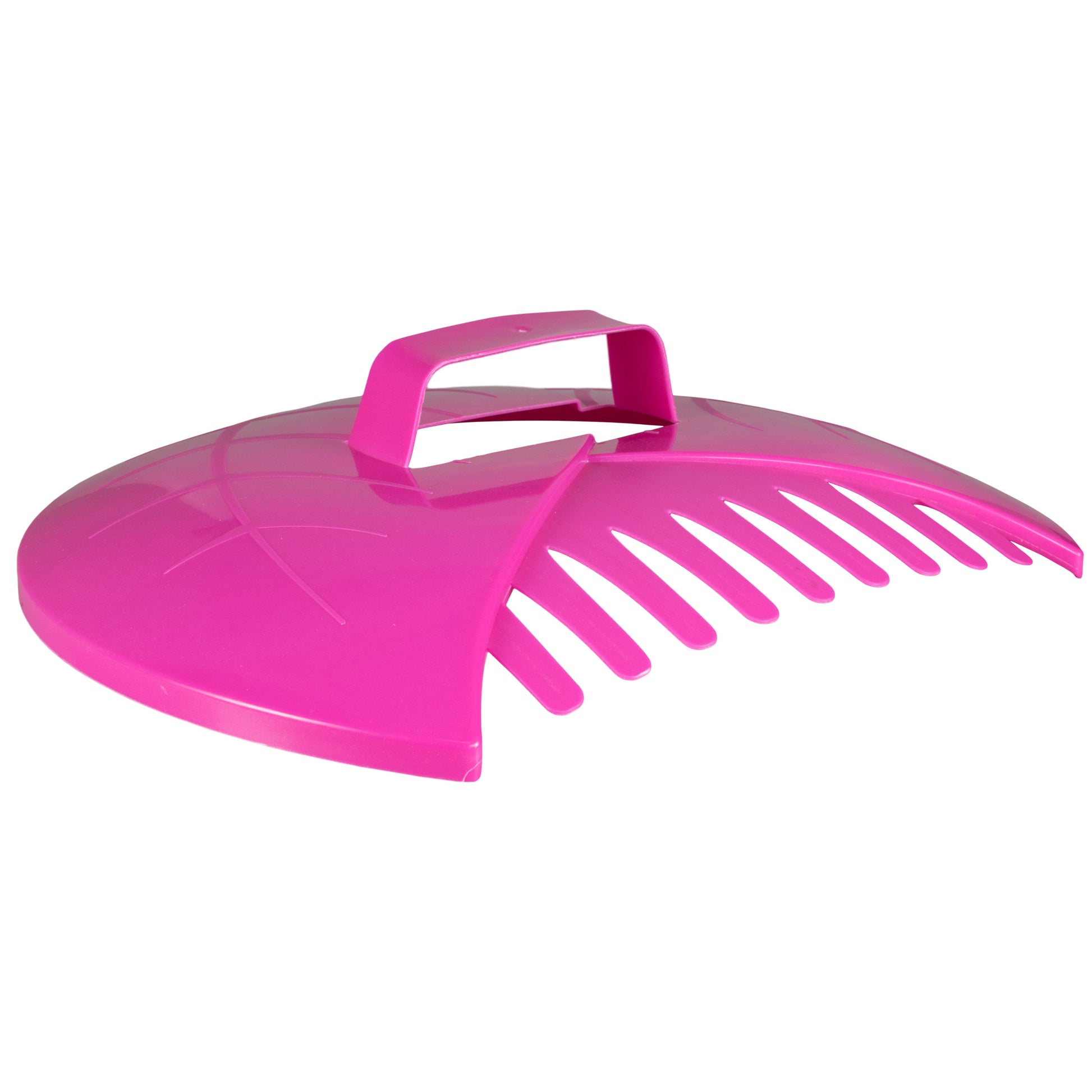 Pink leaf grab garden scoop angled view showing rake teeth and handle frame
