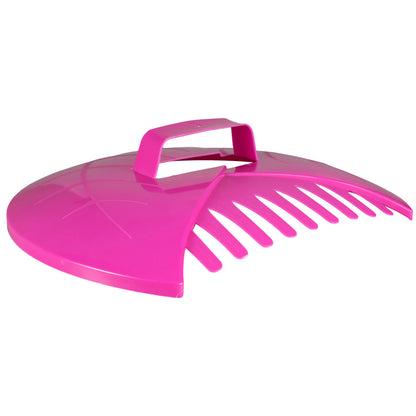 Pink leaf grab garden scoop angled view showing rake teeth and handle frame