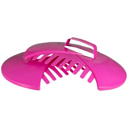 Pink leaf grab garden cleaning scoop top view with curved rake teeth