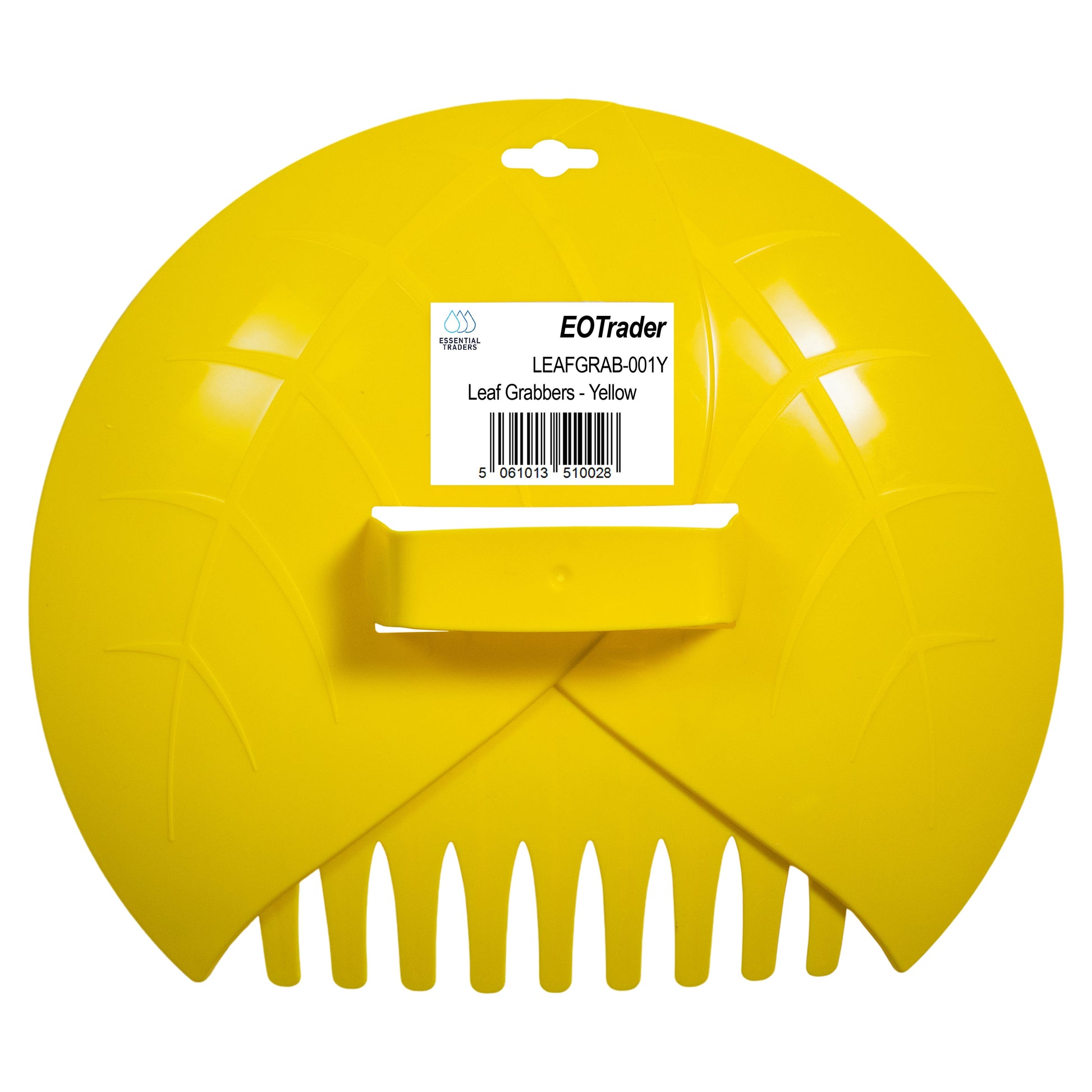 Yellow leaf grabber scoop with barcode label and comb teeth