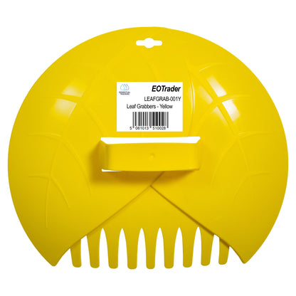 Yellow leaf grabber scoop with barcode label and comb teeth