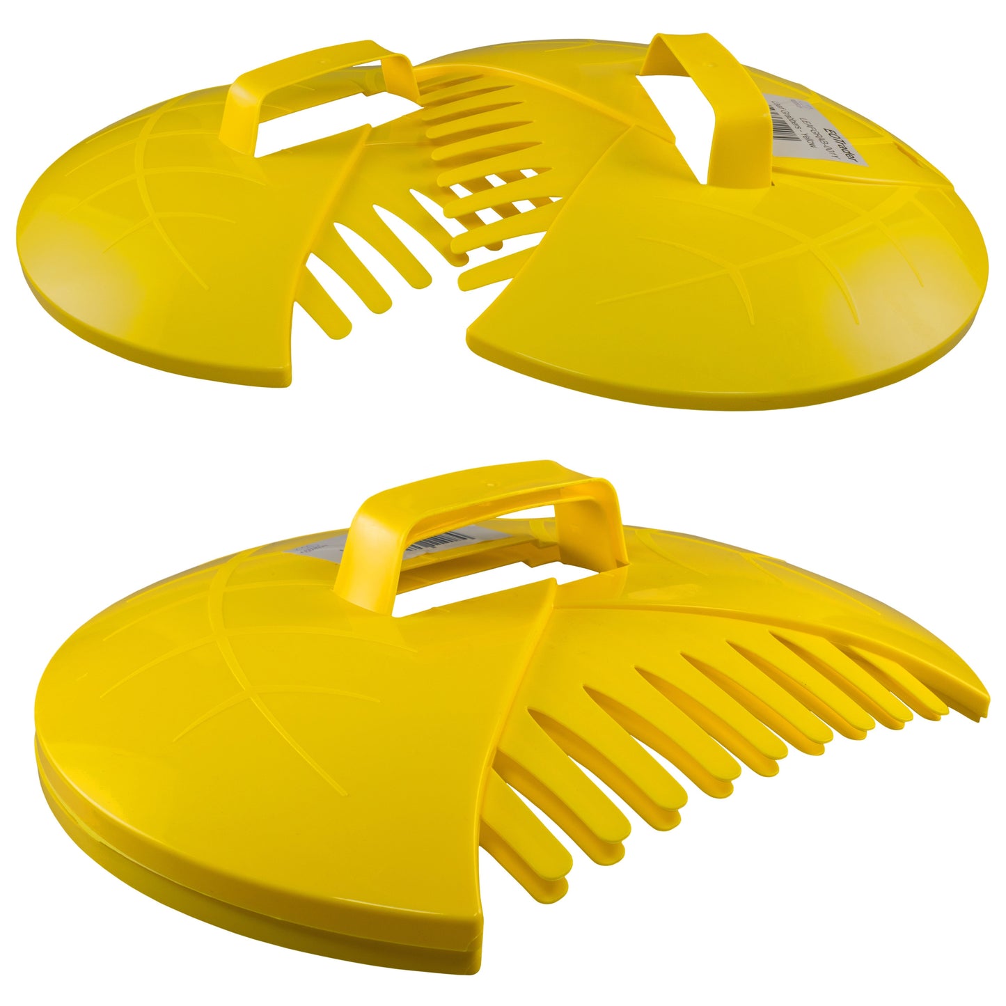 Yellow leaf grabber scoop, side view with vent cutouts and rake teeth