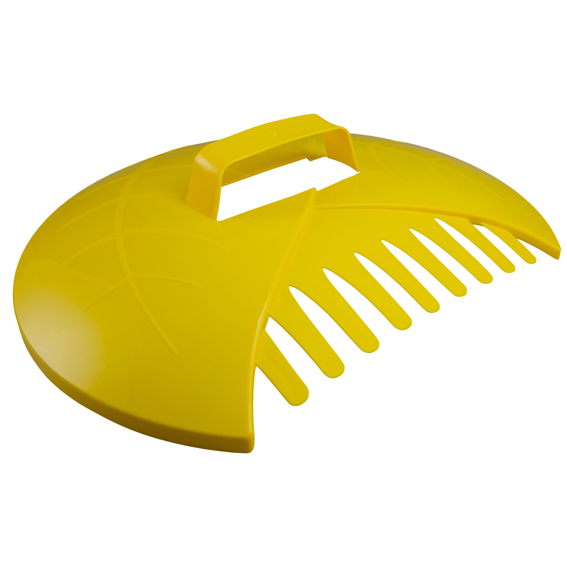 Yellow leaf grabber scoop detail view of angled rake teeth and handle