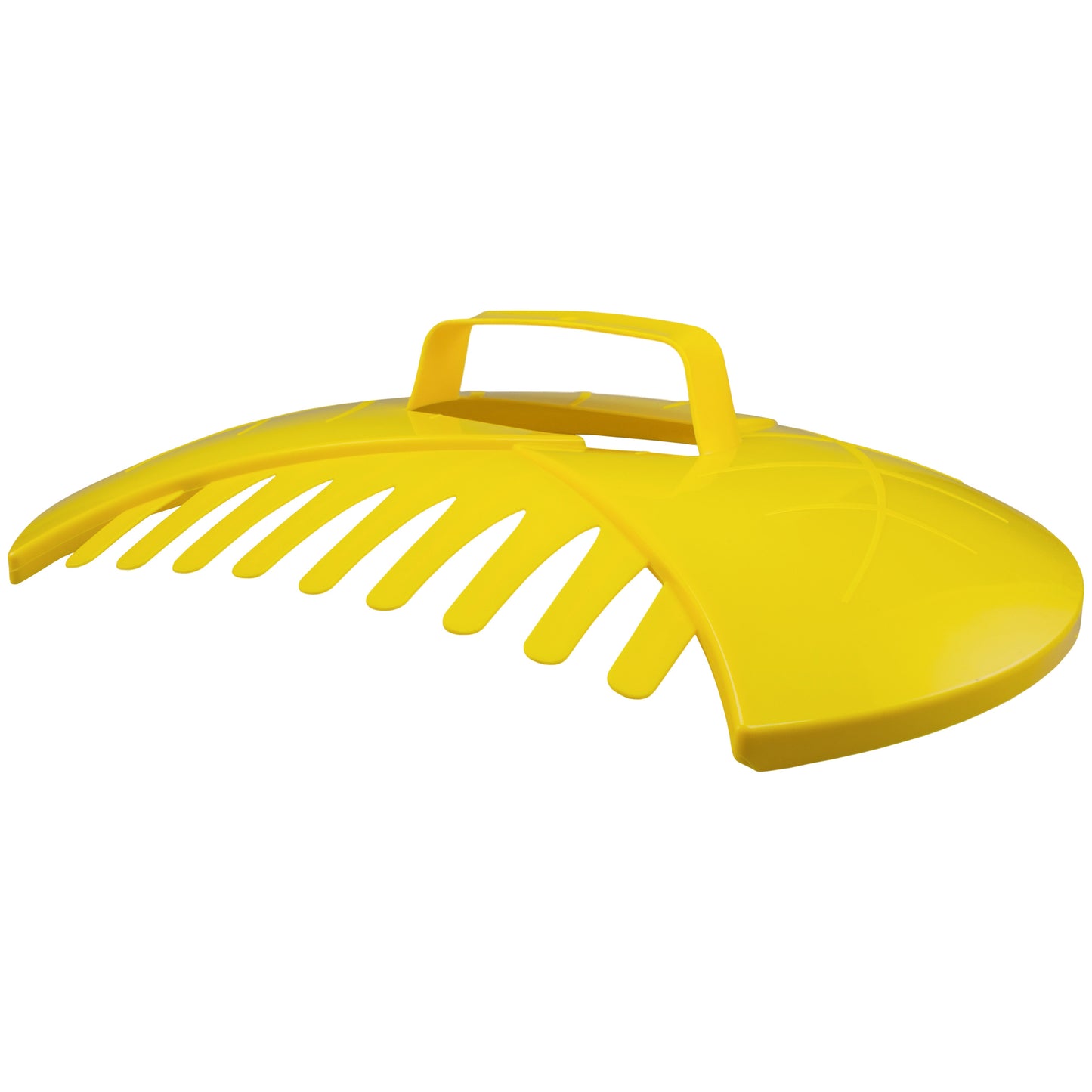 Yellow leaf grabber scoop with front rake teeth and top carrying handle