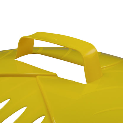 Close-up of yellow leaf grabber handle and curved body