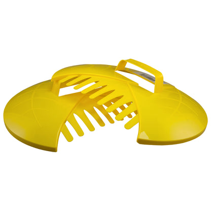 Yellow leaf grabber scoop, angled view showing rake teeth and front grip