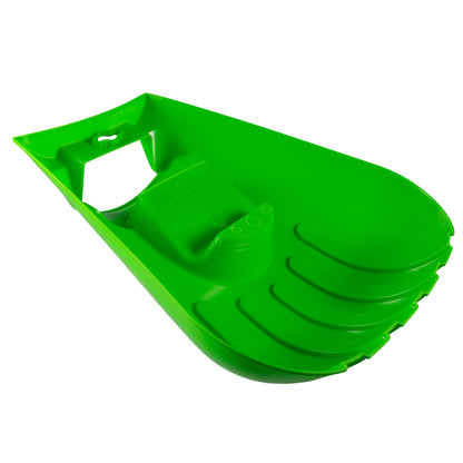 Green leaf scoop underside with molded grips, open handle slot, and curved channel ridges