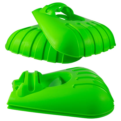 Green plastic leaf scoop head with wide curved teeth and central handle opening