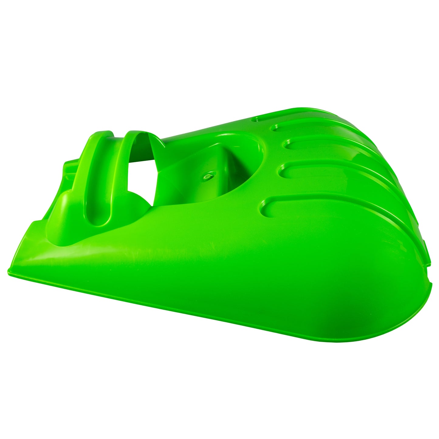 Green plastic leaf grab scoop with handle cutout and molded side contours