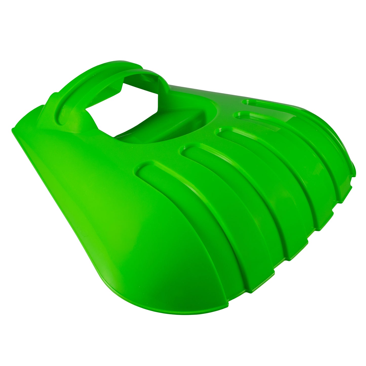 Green leaf grab scoop underside with ribbed channels and wide leaf-catching mouth