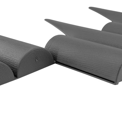 Gray palisade edging stakes meeting at black base bar, wood-effect texture