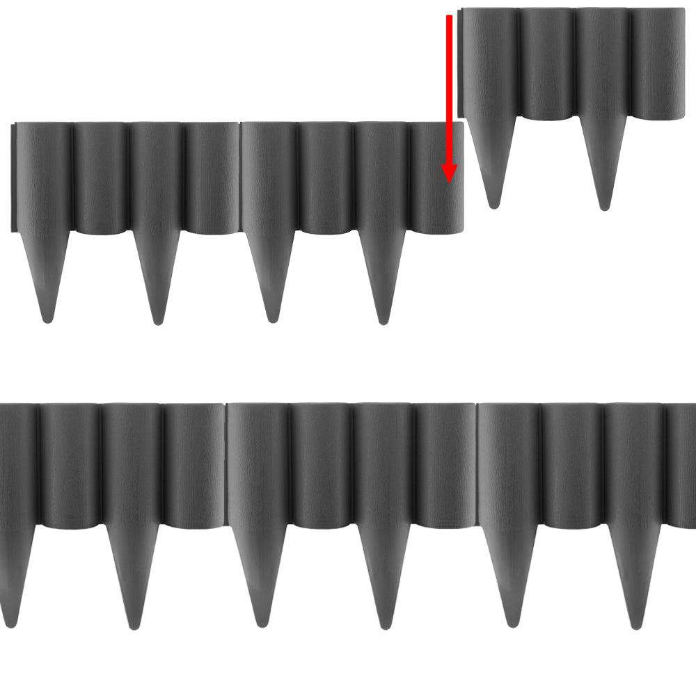 Gray plastic palisade lawn edging strip with raised scalloped top and pointed stakes