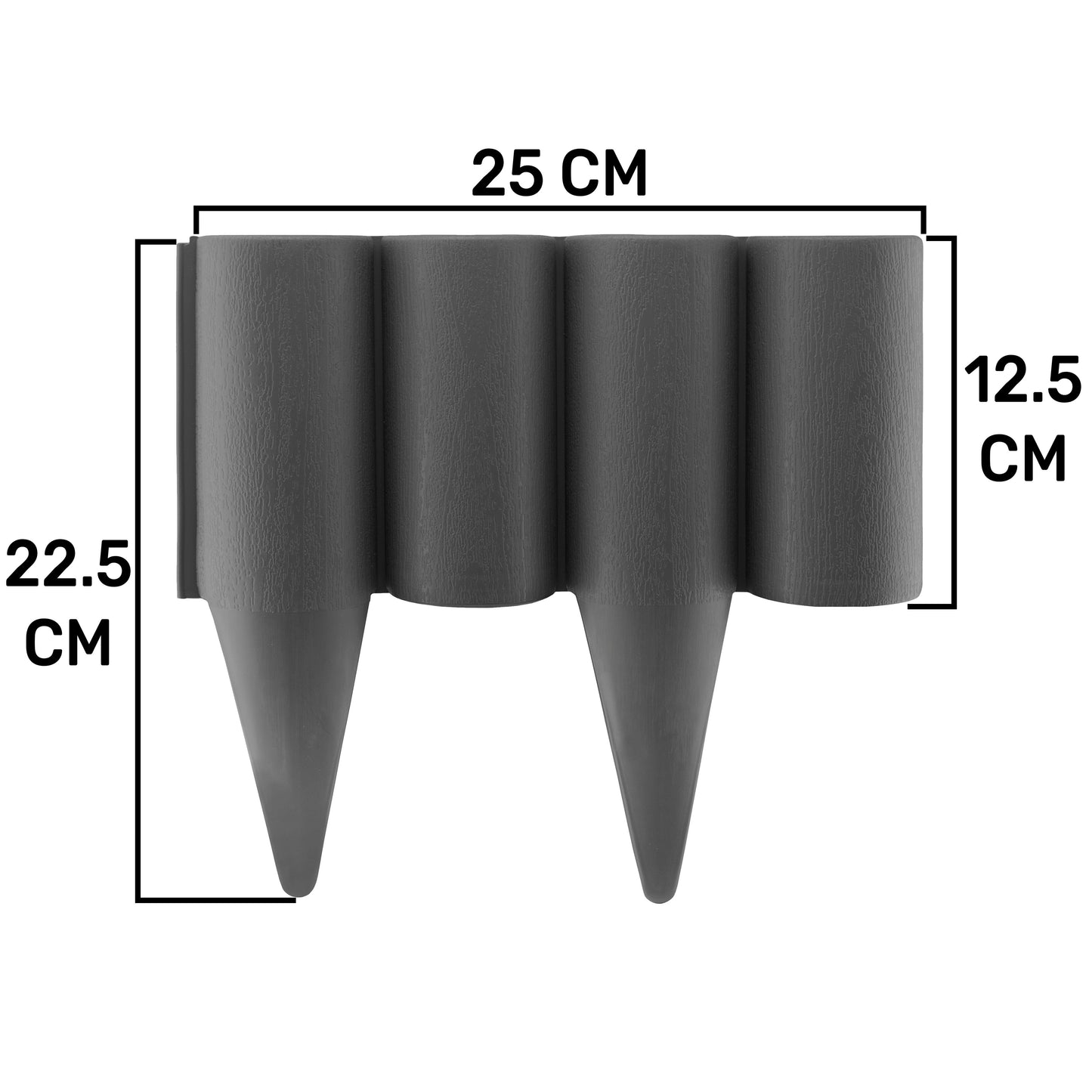 Gray plastic palisade edging: 22.5cm height, 12.5cm wide, 25cm section