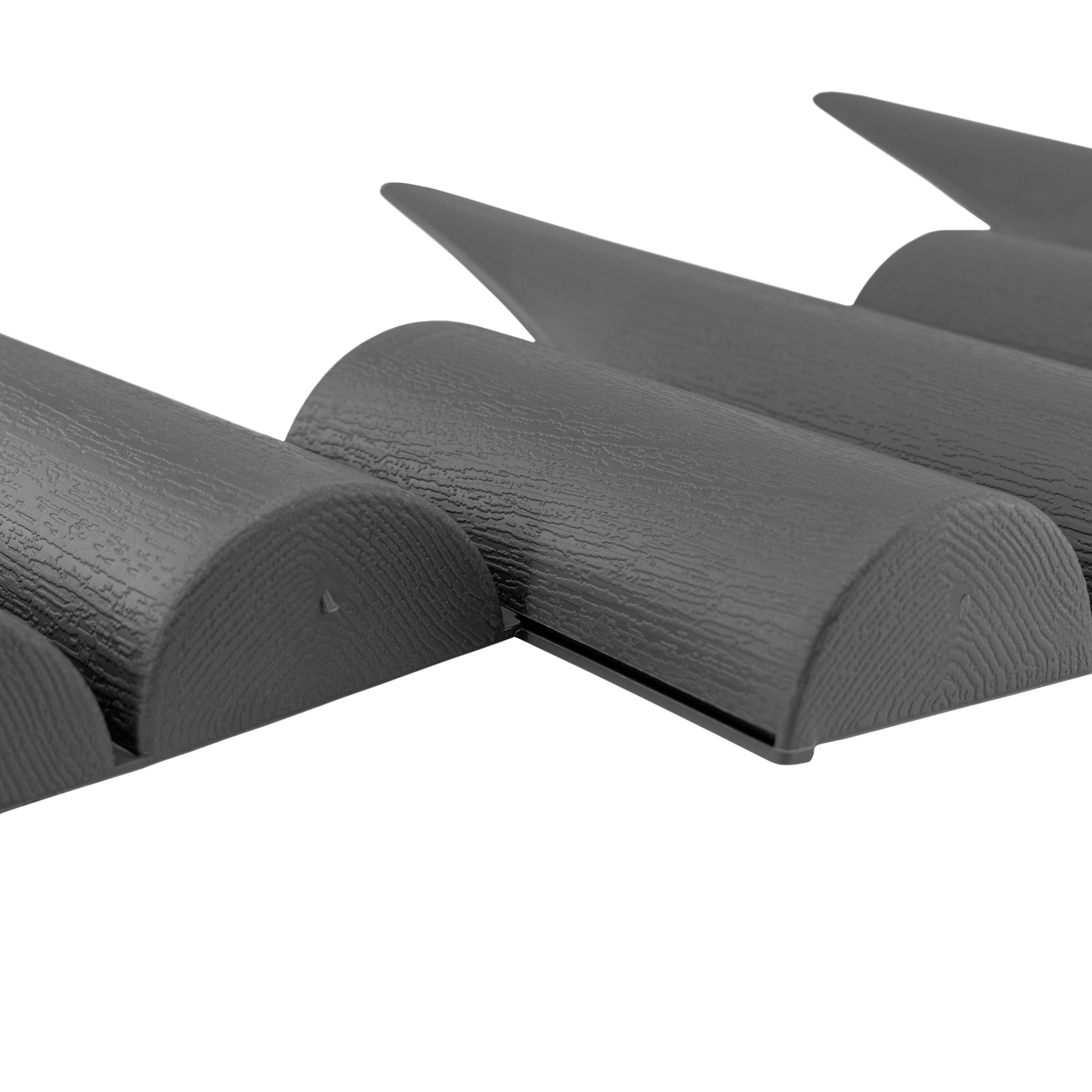 Gray plastic palisade edging joint with textured surface and black base bar
